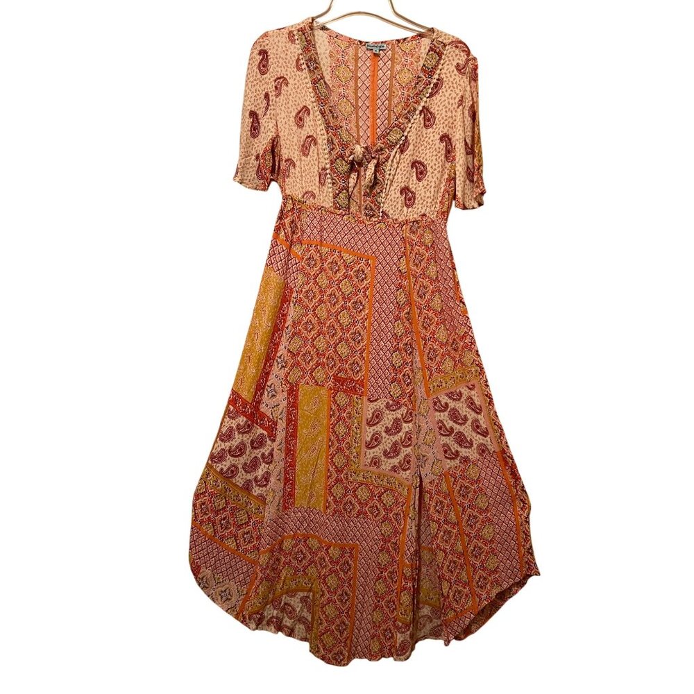 Nostalgia Size Small Midi Dress  Short bell sleeves Orange Pink V Neck Tie Chest